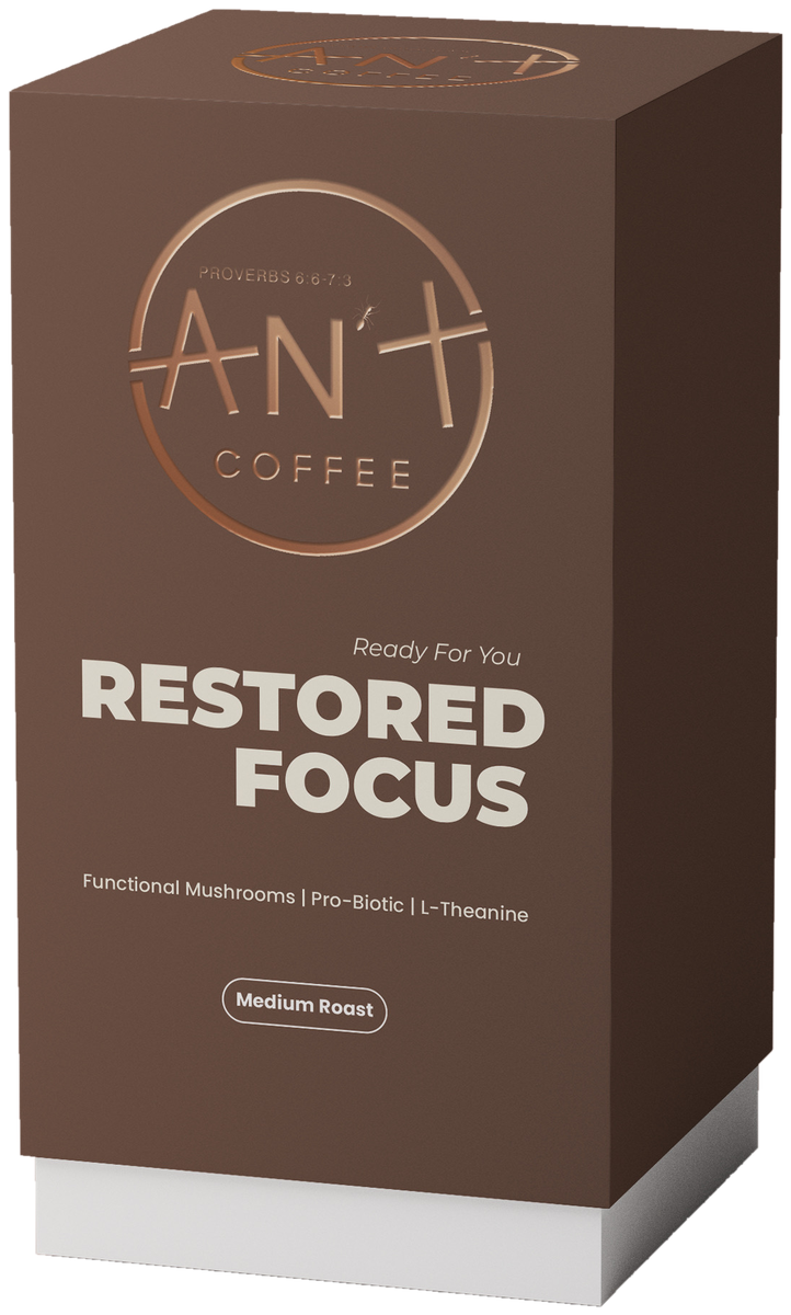 The ANT Coffee box: a brown folding carton with the ANT Coffee mark in copper foil.